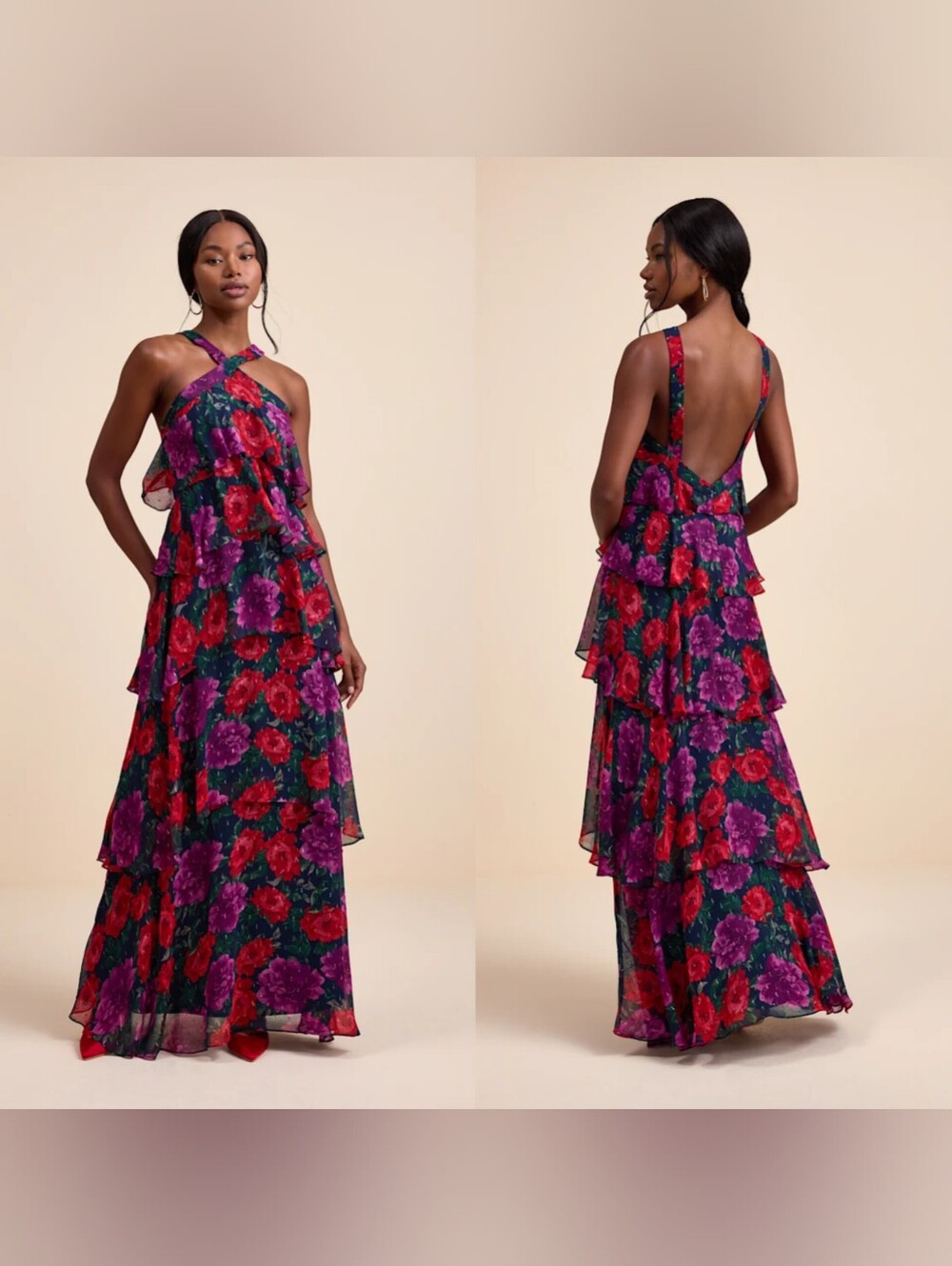 Lulus Allegria Navy Floral Clip Dot Tiered Backless Maxi Dress L Wedding Party